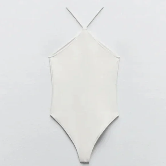 Zara white/ cream cotton ribbed halter bodysuit size M - Picture 3 of 10